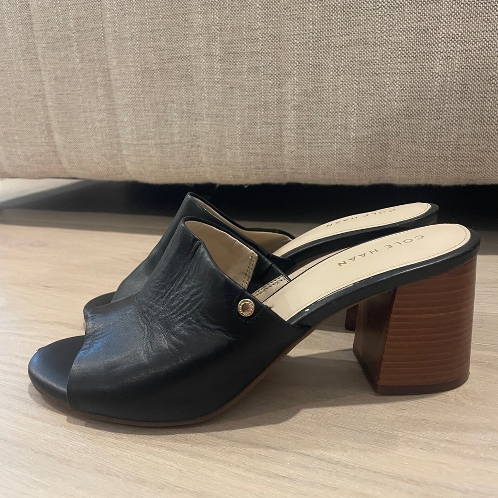 Cole Haan Black Leather Mules with Brown Block Heel